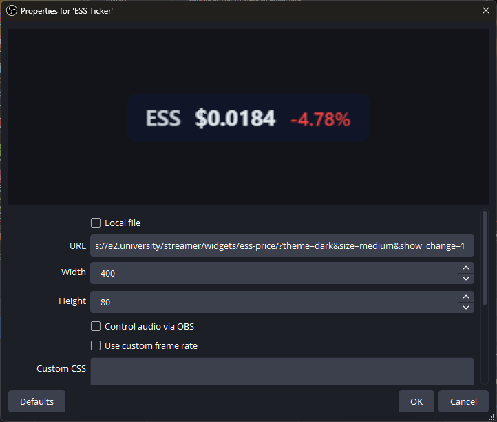 ESS Price Ticker